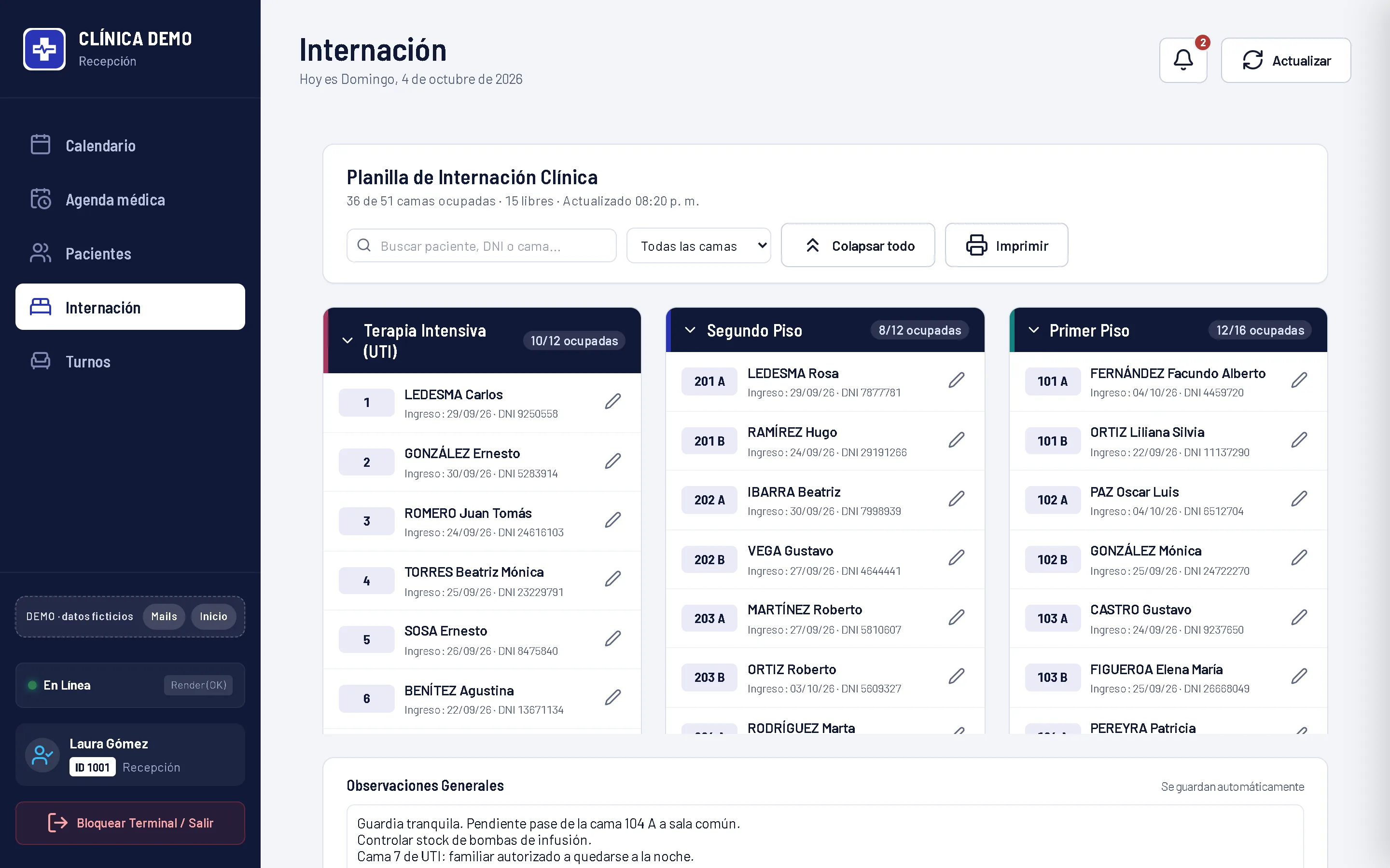 Planilla de internación con las camas ocupadas de terapia intensiva, primer y segundo piso